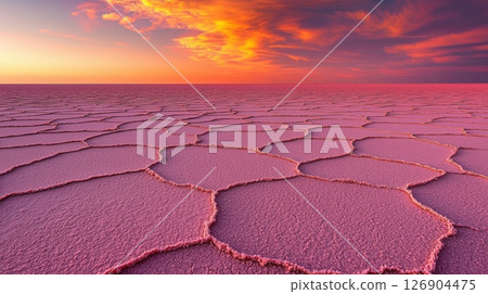 Vibrant sunset over a cracked salt flat landscape. 126904475