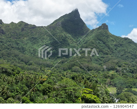 塔希提島莫雷阿島鬱鬱蔥蔥的山脈的鳥瞰圖 塔希提島莫雷阿島鬱鬱蔥蔥的山脈的鳥瞰圖 126904547