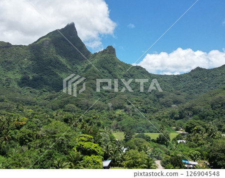 Aerial view of the lush mountains of Moorea, Tahiti 126904548