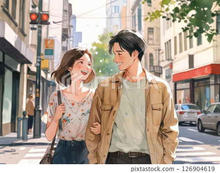 城市中行走的年輕情侶水彩插圖 6 | 自然的約會場景 126904619