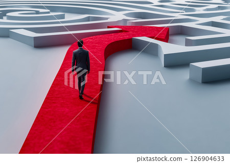 Confident man navigating a maze with highlighted red path, symbolic leadership image Confident man navigating a maze with highlighted red path, symbolic leadership image 126904633