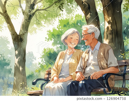 A gentle time for a friendly elderly couple 6 | Watercolor illustration of a couple smiling at each other on a bench in the shade of a tree 126904738