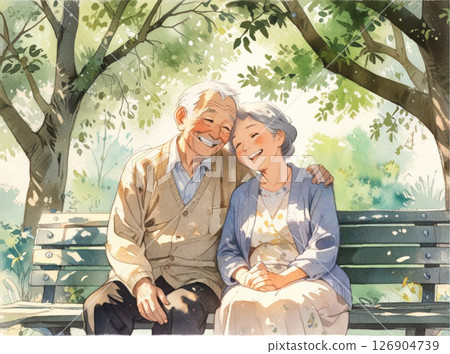 A gentle time for a friendly elderly couple 5 | Watercolor illustration of a couple smiling at each other on a bench in the shade of a tree 126904739