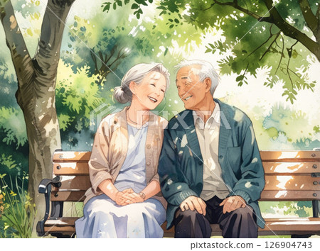 一對友善的老年夫婦的溫柔時光 1 | 一對夫婦在樹蔭下的長椅上互相微笑的水彩畫 一對友善的老年夫婦的溫柔時光 1 | 一對夫婦在樹蔭下的長椅上互相微笑的水彩畫 126904743