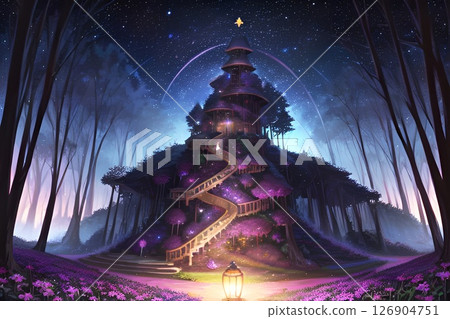Game background: A night scene with a mysterious tower disguised as a black tree. 126904751