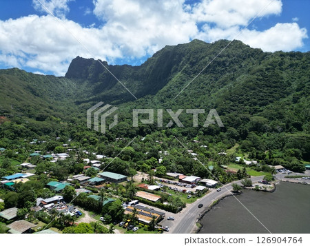 Aerial view of the lush mountains of Moorea, Tahiti 126904764
