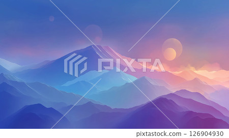 一幅風景畫，描繪了色彩斑斕的山脈，籠罩在夢幻般的日出之中 126904930