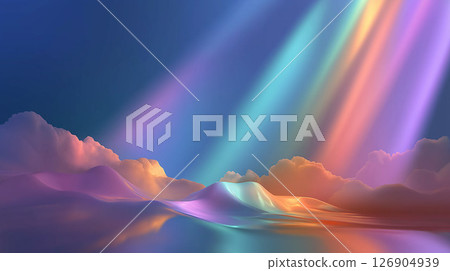 A landscape illustration of colorful mountains enveloped in a fantastic sunrise 126904939