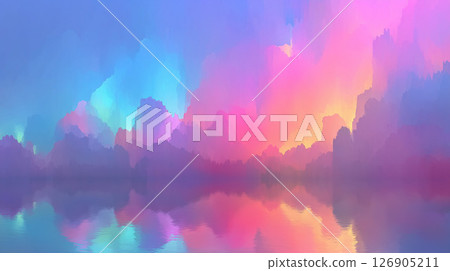 數位插圖背景圖像，描繪了一片夢幻般的天空和彩虹色的雲彩 126905211