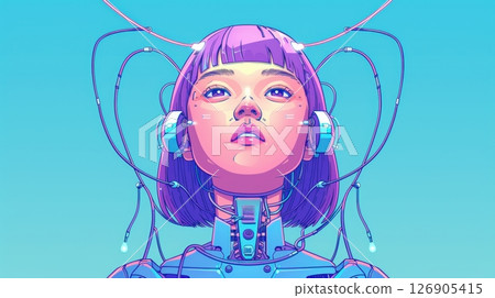 A futuristic digital portrait of a woman with cybernetic features and vibrant colors, showcasing technology and innovation. 126905415