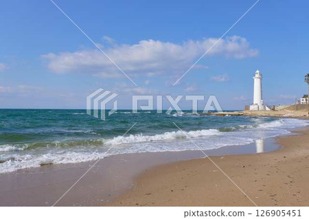 【南知多】海浪拍打海岸，燈塔聳立 126905451