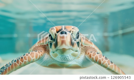 A close-up of a vibrant sea turtle swimming gracefully underwater, showcasing its unique patterns and serene beauty in an aquatic environment. 126905543
