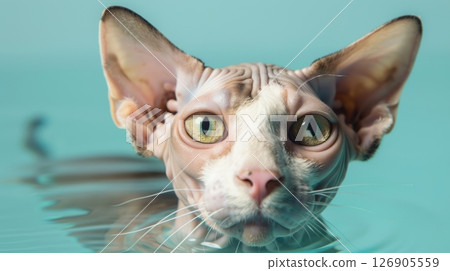 A curious sphynx cat swimming in tranquil turquoise water, showcasing its unique features and playful personality. 126905559
