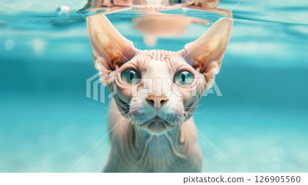 A curious Sphynx cat swimming underwater, showcasing its unique, hairless features and inquisitive expression in a vibrant turquoise setting. 126905560
