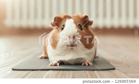 A cute guinea pig resting on a mat, showcasing its adorable features and fluffy fur in a cozy indoor setting. 126905569