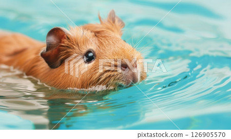 A cute guinea pig swimming gracefully in clear blue water, showcasing its adorable features and playful nature. 126905570