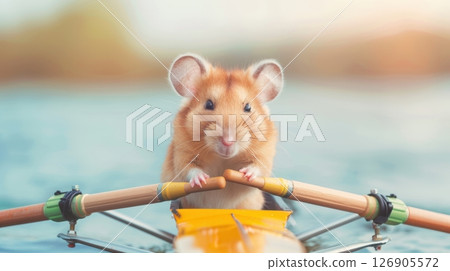 A cute hamster rowing a tiny boat on a serene lake, capturing the essence of fun and adventure in nature. 126905572