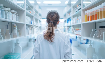 A scientist in a lab coat stands in a modern laboratory filled with various glassware and colorful substances, focusing on research. A scientist in a lab coat stands in a modern laboratory filled with various glassware and colorful substances, focusing on research. 126905582