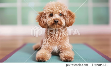 A cute, fluffy dog sitting calmly on a yoga mat, showcasing a peaceful and serene atmosphere perfect for pet lovers. 126905610