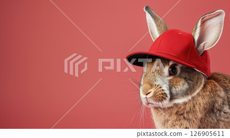 A cute rabbit wearing a red cap against a pink background, perfect for whimsical and playful themes. 126905611