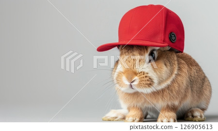 A cute rabbit wearing a red cap, showcasing a fun and playful look perfect for pet lovers and whimsical projects. 126905613