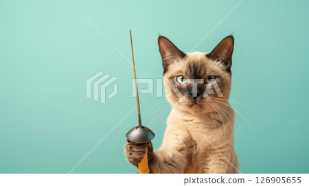 A playful cat holding a fencing sword, showcasing a whimsical pose against a vibrant turquoise background. A playful cat holding a fencing sword, showcasing a whimsical pose against a vibrant turquoise background. 126905655