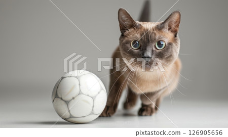A playful cat interacts with a soccer ball, showcasing curiosity and playfulness in a minimalist setting. A playful cat interacts with a soccer ball, showcasing curiosity and playfulness in a minimalist setting. 126905656