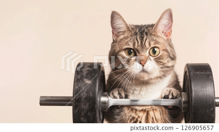 A playful cat lifting a dumbbell, showcasing a humorous take on fitness and animal personality in a light-hearted setting. 126905657