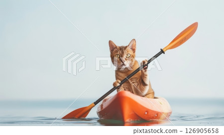 A playful cat paddling in a kayak on calm water, showcasing a whimsical scene of adventure and fun in nature. 126905658