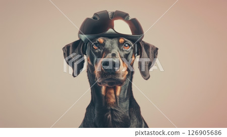A playful dog wearing a stylish helmet, showcasing a fun and quirky pet moment. Perfect for animal lovers and pet enthusiasts. A playful dog wearing a stylish helmet, showcasing a fun and quirky pet moment. Perfect for animal lovers and pet enthusiasts. 126905686
