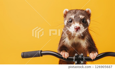 A playful ferret riding a bicycle against a vibrant yellow background, showcasing its adventurous spirit and charm. A playful ferret riding a bicycle against a vibrant yellow background, showcasing its adventurous spirit and charm. 126905687