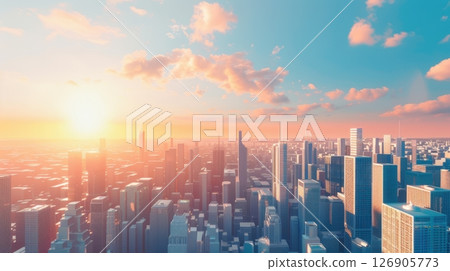 A vibrant city skyline at sunrise, showcasing skyscrapers beneath a colorful sky, perfect for urban and travel themes. 126905773