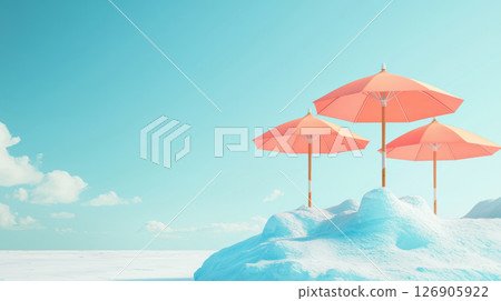 Three beach umbrellas on a sandy shore under a blue sky. Three beach umbrellas on a sandy shore under a blue sky. 126905922