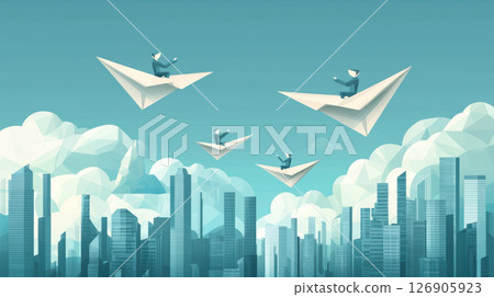 Illustration of people flying on paper airplanes above a cityscape. 126905923