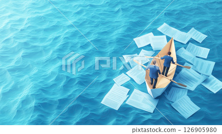 Two people in a boat navigating on scattered documents. 126905980
