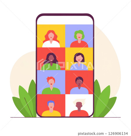 Virtual meeting with diverse participants displayed on a phone screen 126906134