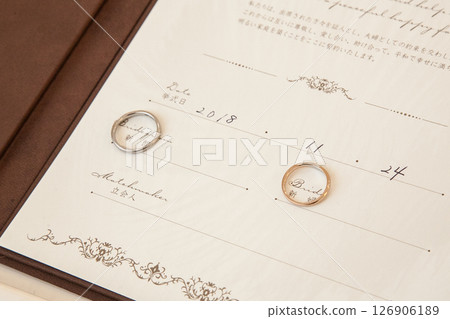 結婚戒指和結婚證書的婚禮形象 126906189