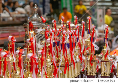 [Japan] Many trophies at a sumo tournament held at the Ryogoku Kokugikan in Sumida Ward, Tokyo 126906193