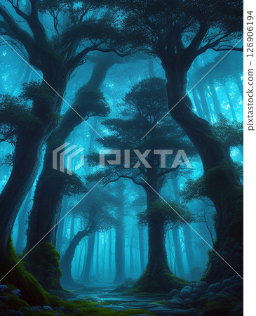 Game background: Silhouette trees blue and black forest landscape 126906194