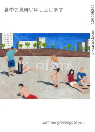 Summer greeting card with oil pastel sandy beach landscape illustration Summer greeting card with oil pastel sandy beach landscape illustration 126906292