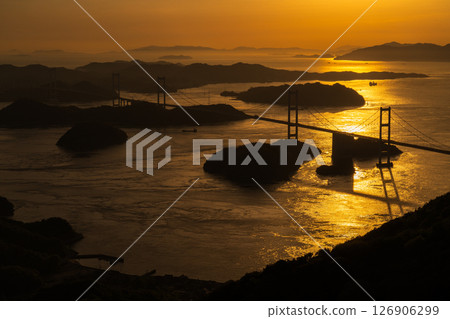 《Ehime Prefecture》Sunset over the Kurushima Kaikyo Bridge and the view from Kirosan Observatory 126906299
