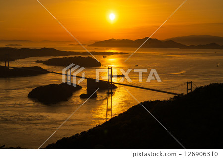 《Ehime Prefecture》Sunset over the Kurushima Kaikyo Bridge and the view from Kirosan Observatory 126906310