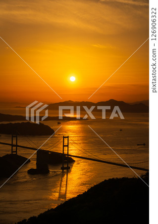 《Ehime Prefecture》Sunset over the Kurushima Kaikyo Bridge and the view from Kirosan Observatory 126906322