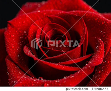 一朵紅玫瑰的特寫鏡頭，上面有閃閃發光的水滴 126906444