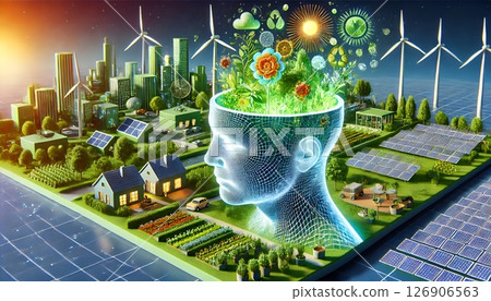 An eco-friendly future with renewable energy and urban gardens 126906563