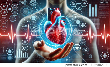 Futuristic medical illustration of a heart in hand 126906595