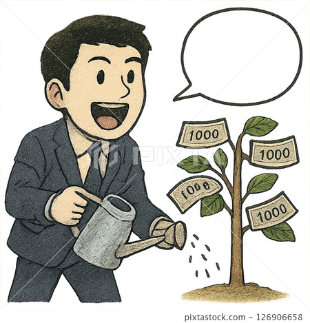 Illustration of a man in a suit watering a money tree, a businessman depicting an image of investment and asset management, working hard 126906658
