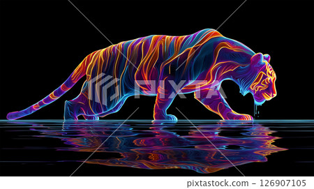Ferocious silhouette of a neon tiger lurking on the surface of the water Ferocious silhouette of a neon tiger lurking on the surface of the water 126907105
