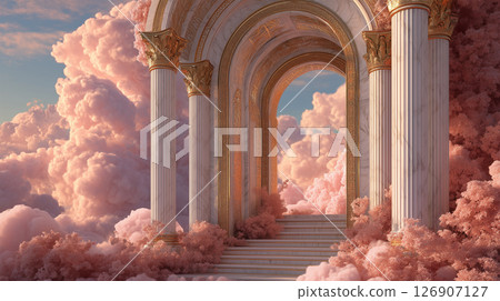 夢幻般的拱門漂浮在粉紅色的雲朵中 126907127