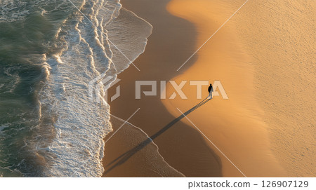 Lonely woman casting a shadow on the beach 126907129